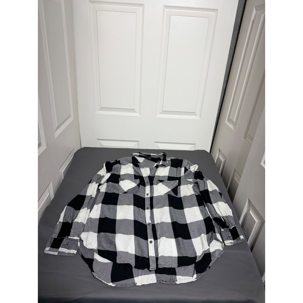 Rock & Republic Womens XL Buffalo Plaid Button Down Shirt Black White Rayon Top